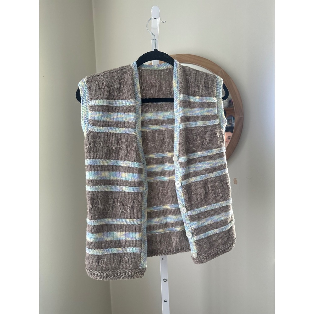Handmade Knit Sweater Vest Brown Pastel Striped Button Front V-Neck Sleeveless M